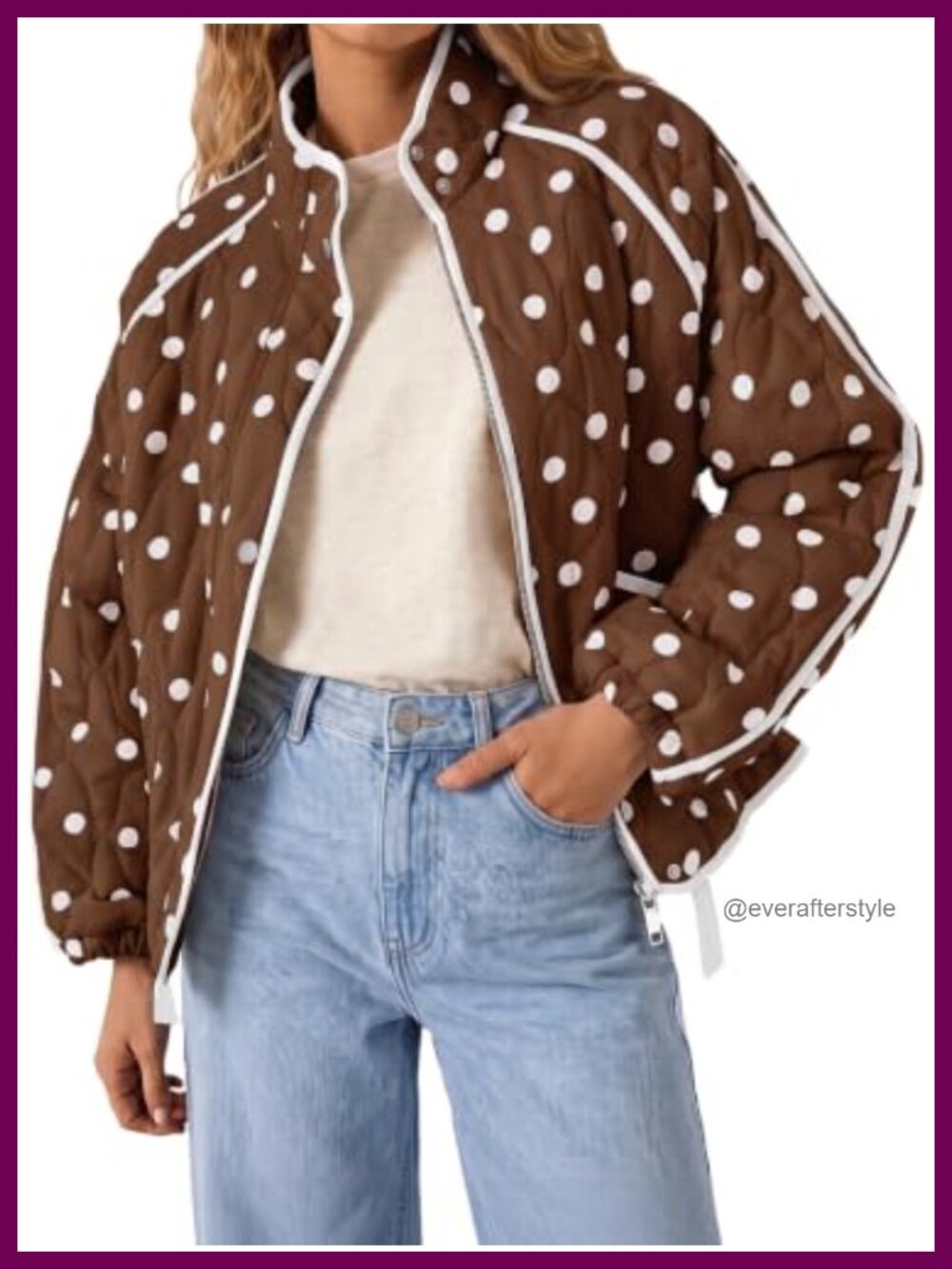 Tankaneo Quilted Polka Dot Zip Up Jacket Lightweight Fall Coat